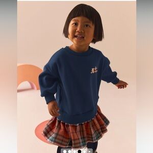 NEXT Navy Bear Long Sleeve Check Sweat Dress Size 3/4 Years